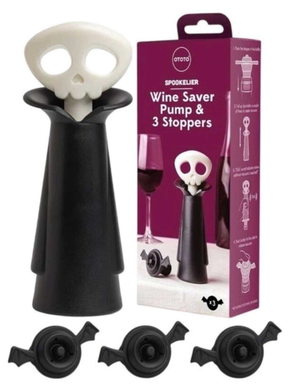 Gothic Skull Wine Saver Pump & 3 Bat Stoppers Vacuum Preserver Spooky Whimsigoth